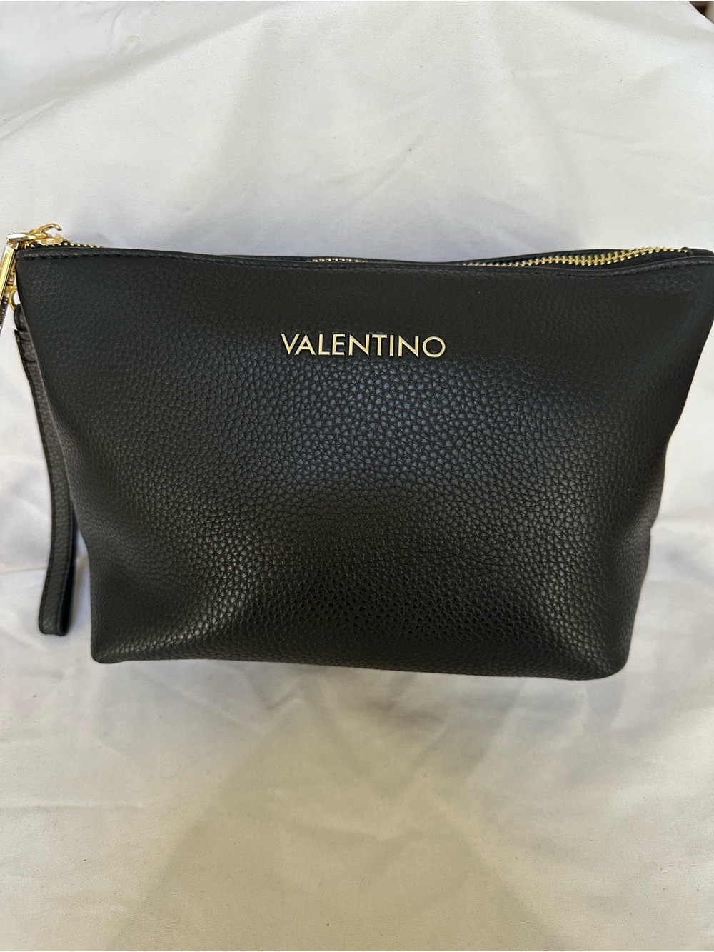 Valentino Black Pebbled Leather Wristlet with Gold Logo